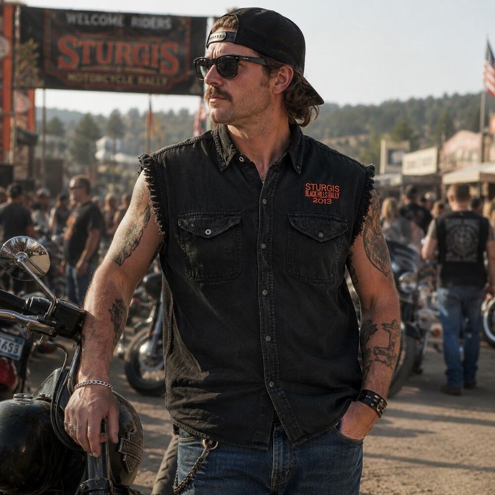 Vintage Sturgis Black Hills Rally 2013 Biker Vest Men XL Frayed Sleeveless USA